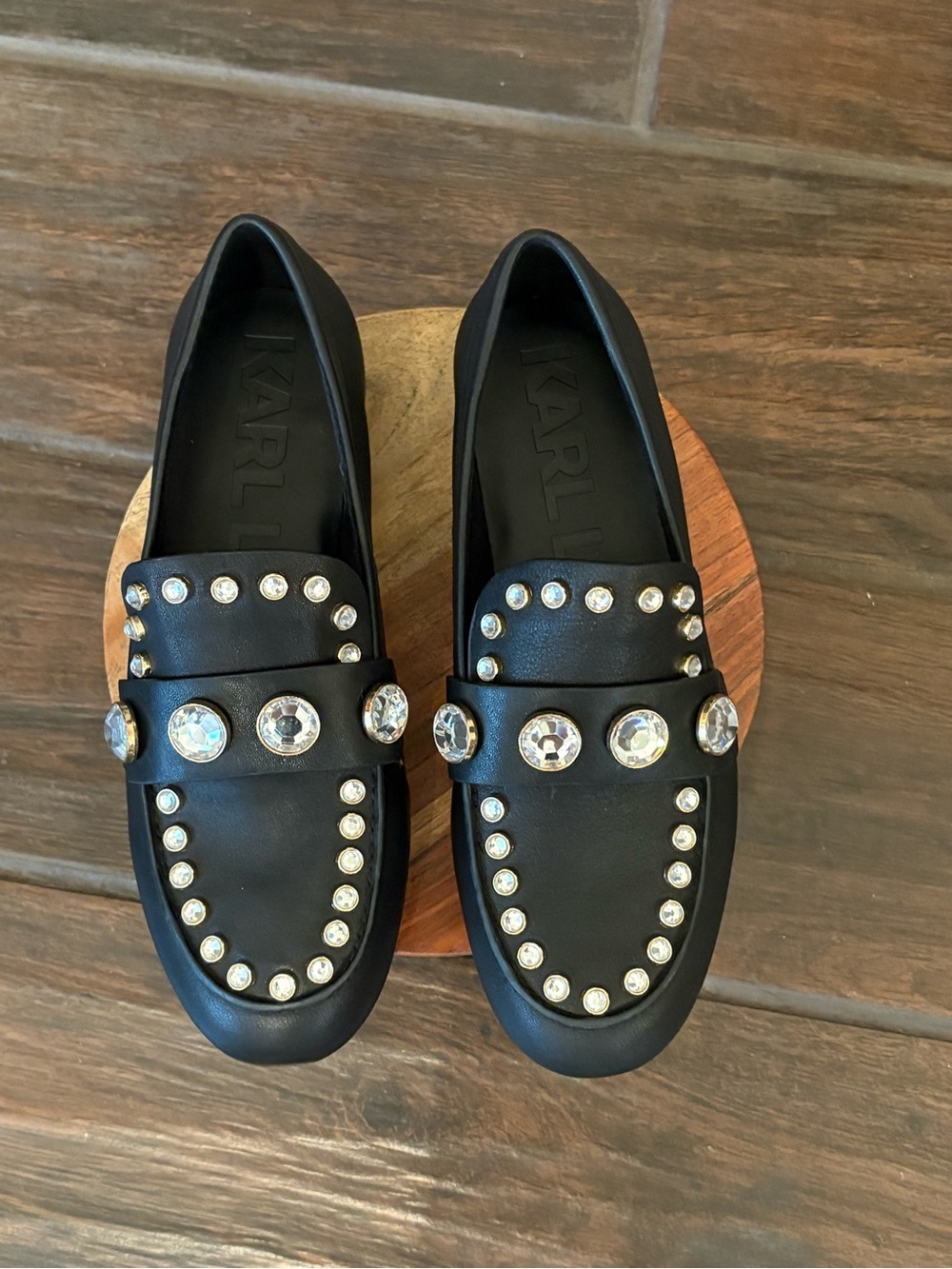 Karl Lagerfeld Black Leather Loafers with Crystal Studs NWOT!!